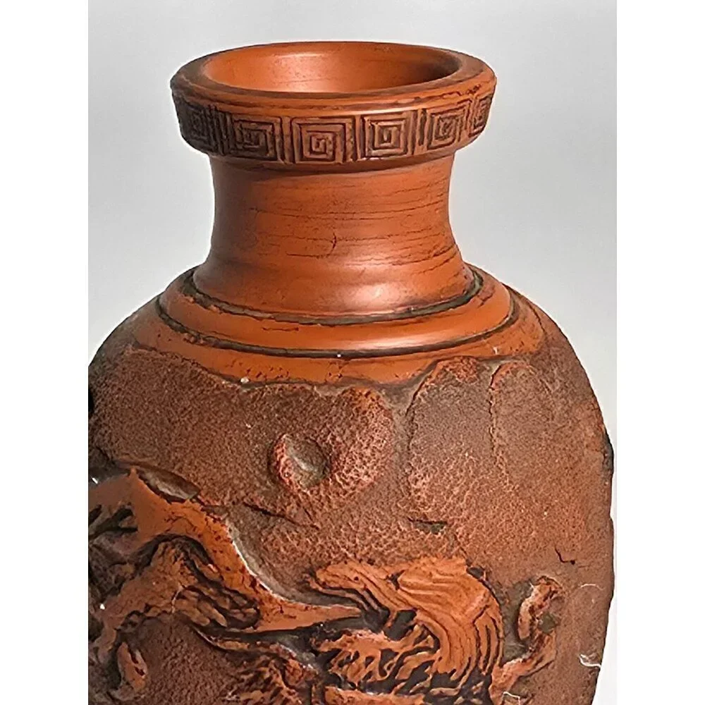 Tokonama Red Clay Dragon Motif Vase Textured Finish Intricate Dragon Carvings